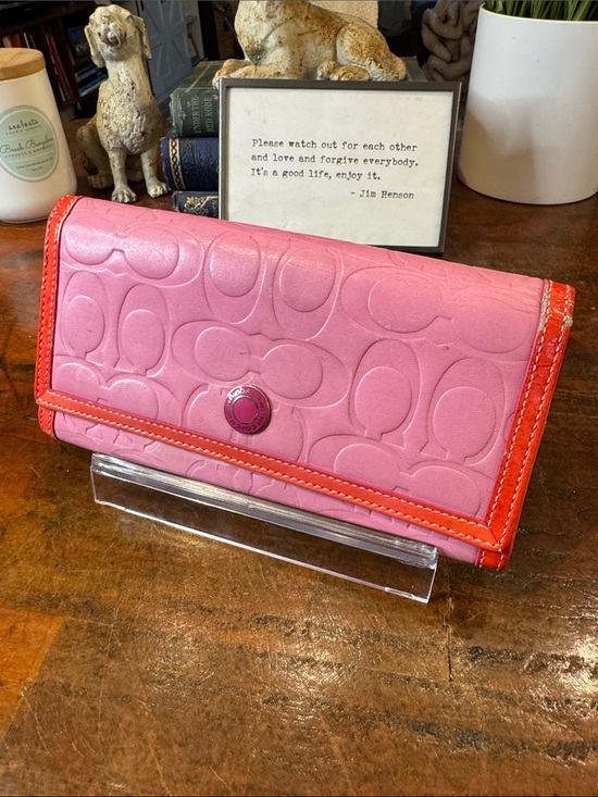 Coach Handbags - Coach Pink Signature Leather Continental Wallet with Orange Trim